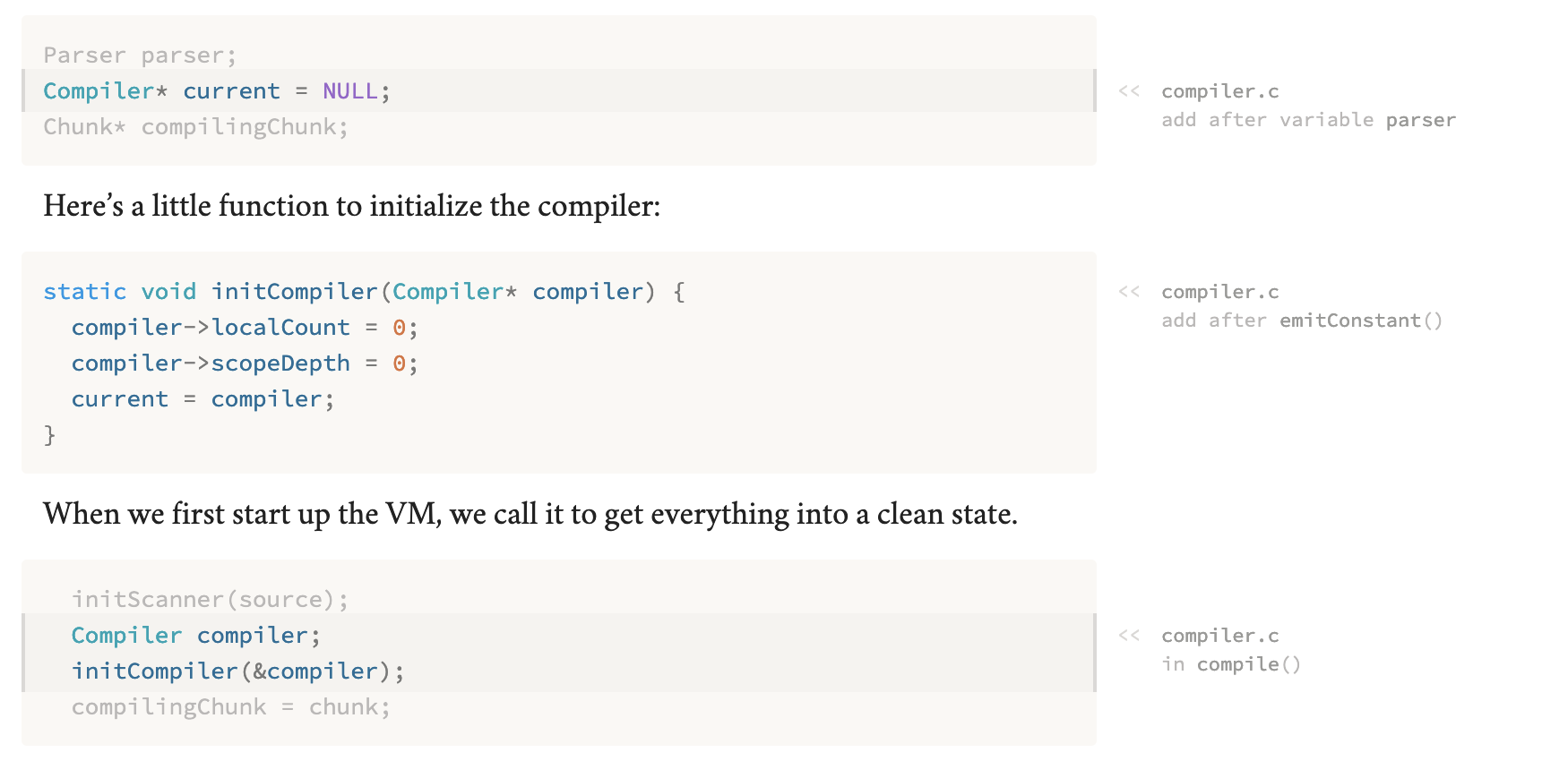 Location notes on code in Crafting Interpreters. On the right of code blocks, a margin note describes the file and nature of the change.