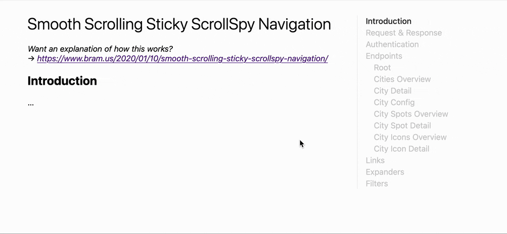 The table of contents from a CSS Tricks demo. As the page scrolls, the current section in the table of contents becomes bold.