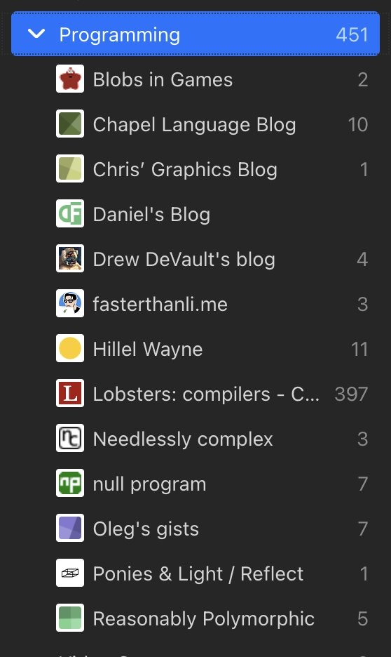 A screenshot of my Feedbin list. Some sites include Hillel Wayne's, Faster than Lime, Drew DeVault, and the Chapel Language Blog