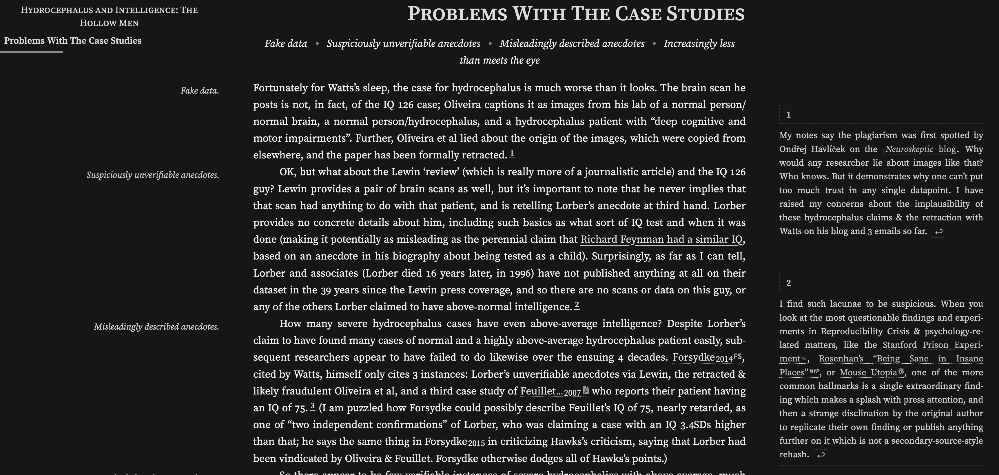 A screenshot of Gwern's page on hydrocephalus. The main article text is accompanied by notes in both the left and right margin.