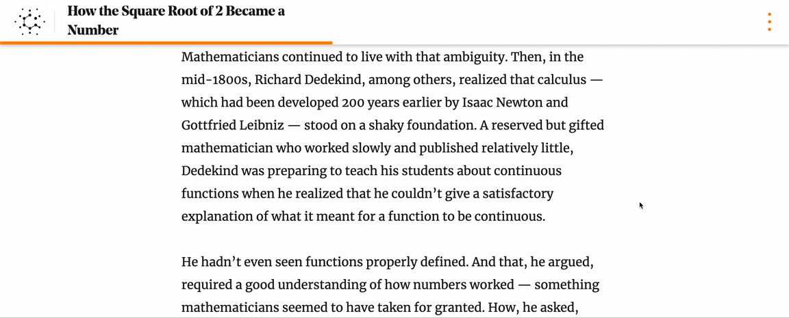 The progress bar on a Quanta Magazine article. As the page scrolls, an orange bar at the top gradually fills up from left to right.