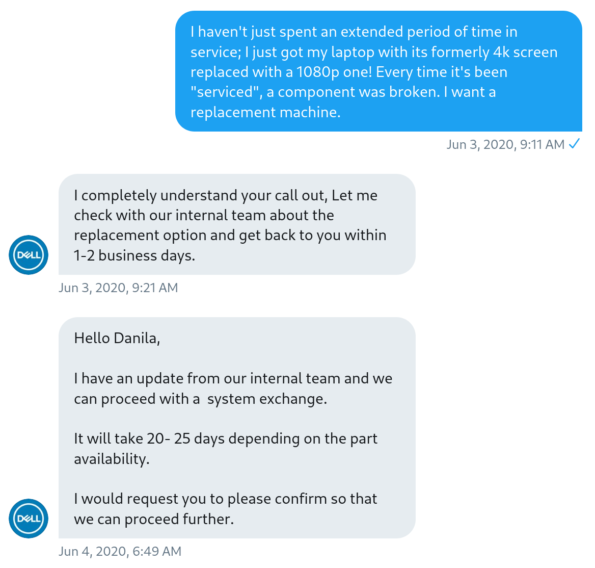 The first real exchange between me and DELL support.